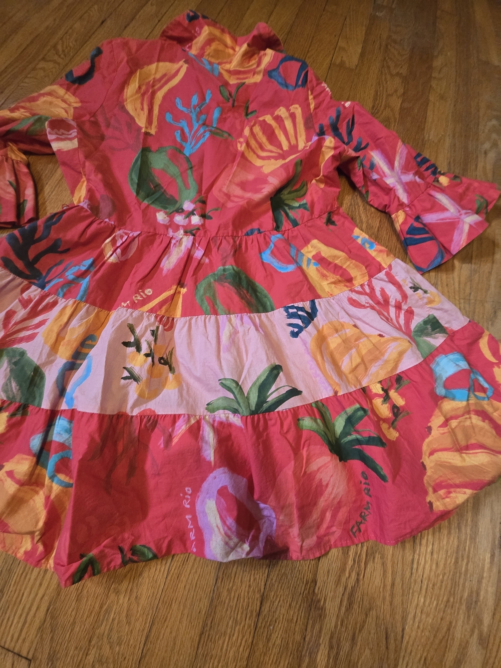 FARM Rio Coral Pink Mixed Floral Tiered Button Dress - Picture 10 of 10